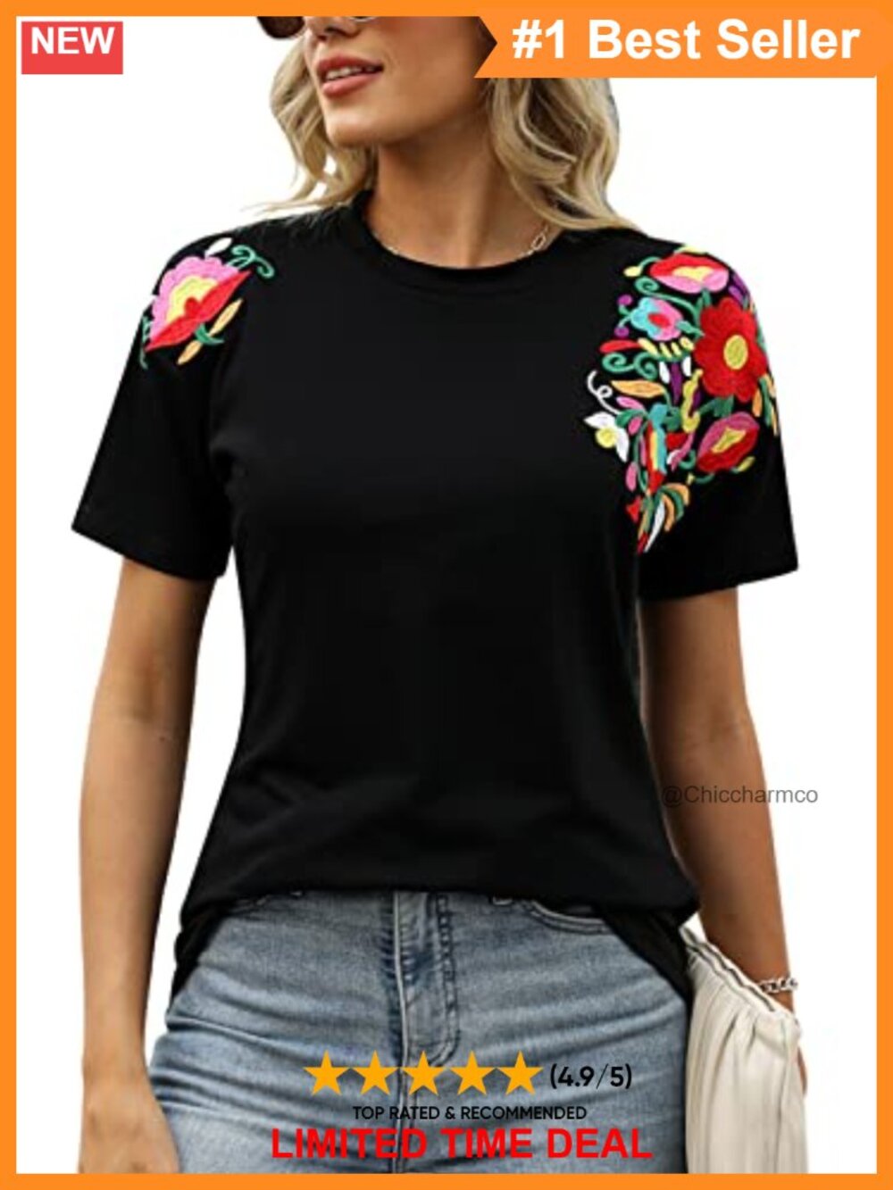Embroidered Mexican Floral Tunic Top Round Neck Short Sleeve